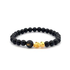 18K Gold Pixiu Piyao Bracelet Gemstones Onyx 6mm Elastic Bracelet Letter W 6.5"